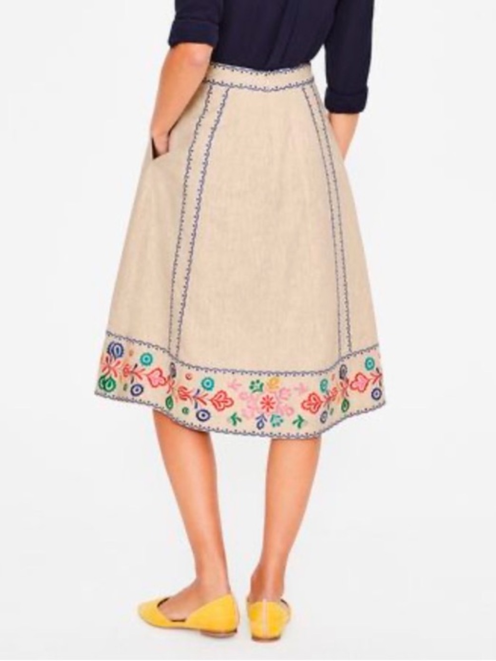 Boden Women's Size 8P Brooke Embroidered Cream Floral Midi Skirt Linen Blend - Picture 15 of 16